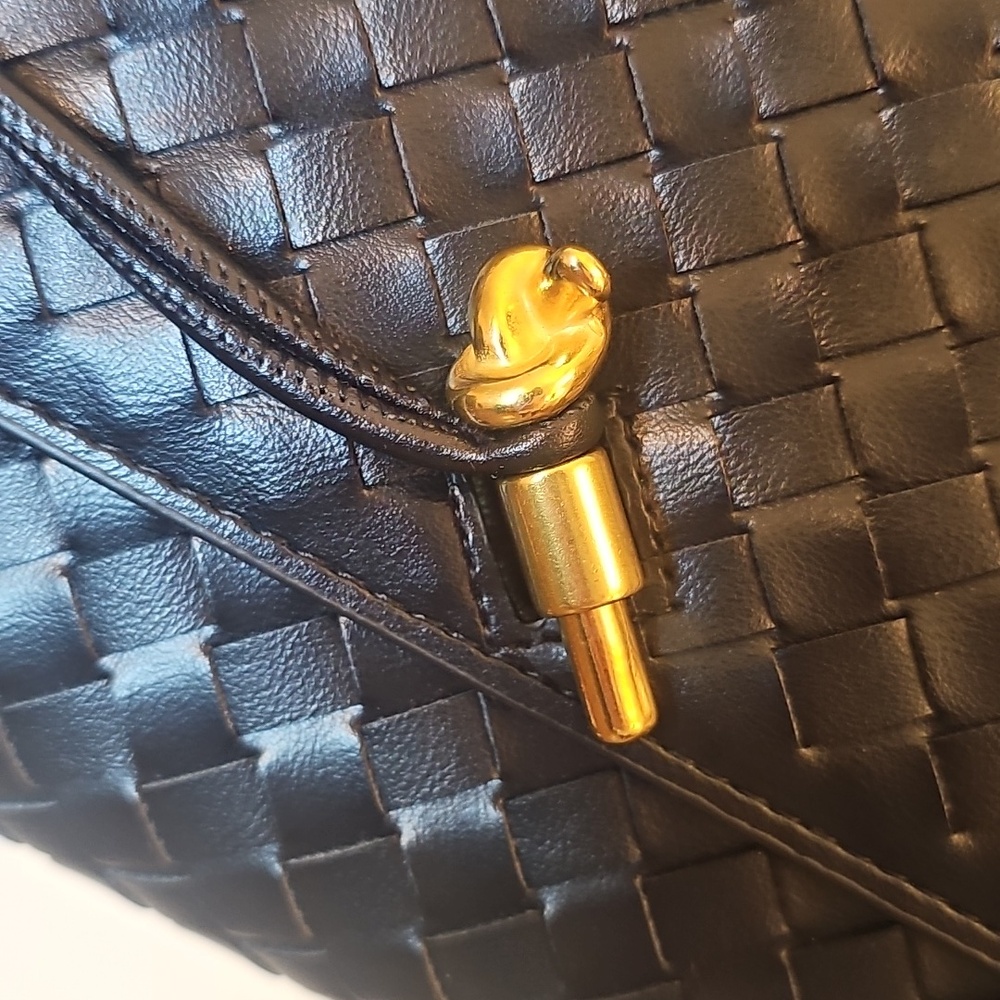 Woven Leather Clutch Bag in Black with Gold Accent - Picture 10 of 11